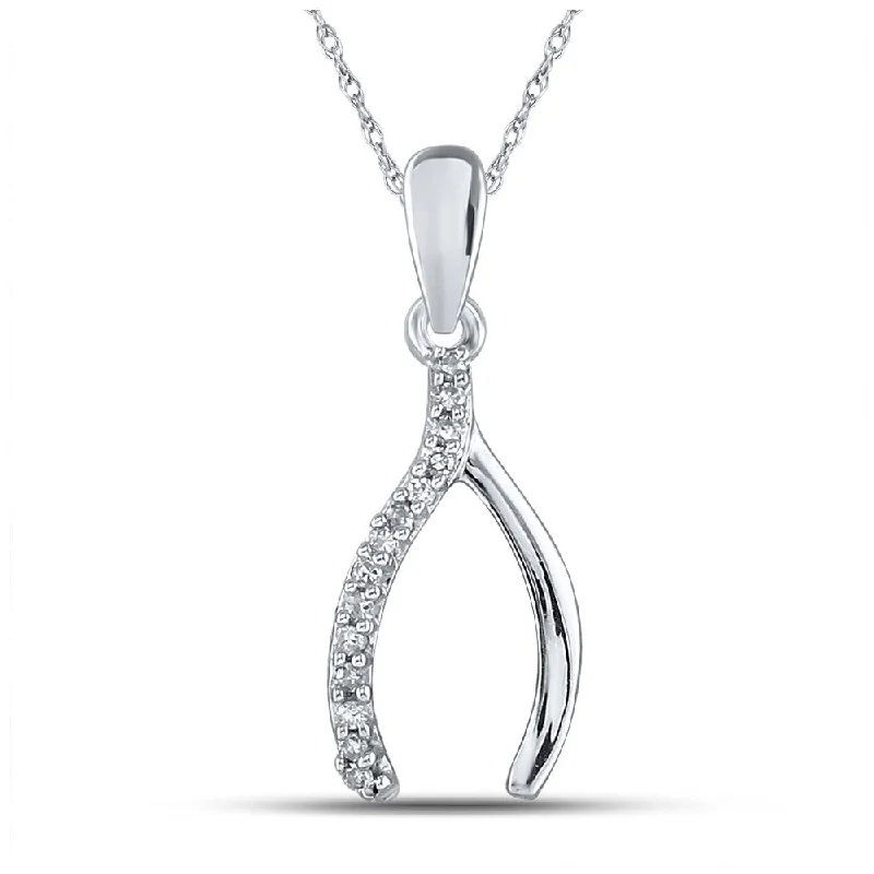 rugged sapphire necklace-Sterling Silver Womens Round Diamond Lucky Wishbone Pendant 1/20 Cttw