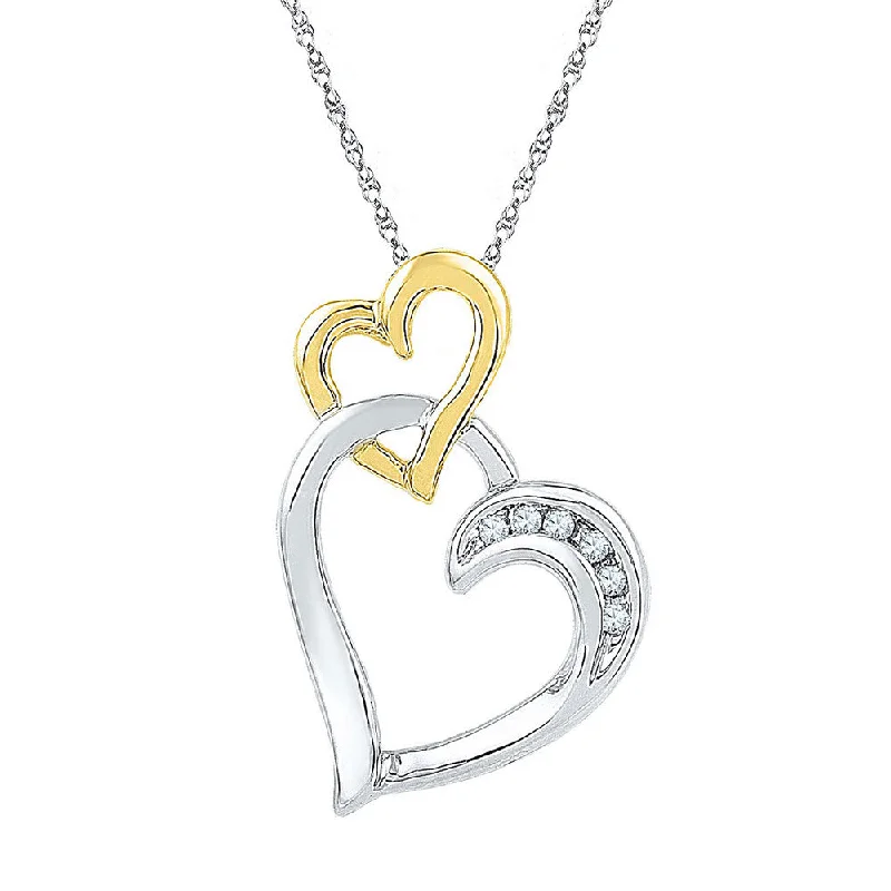 sci-fi bolt necklace-Two-tone Sterling Silver Womens Round Diamond Double Heart Pendant .03 Cttw