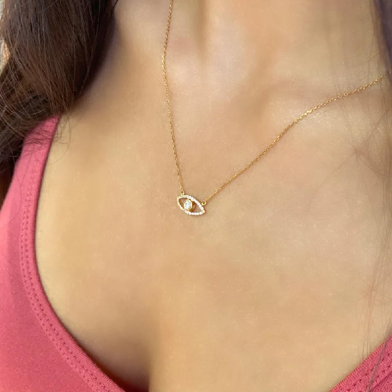 rugged silver necklace-Women's 14k Solid Gold Diamond Eye Necklace Pendant