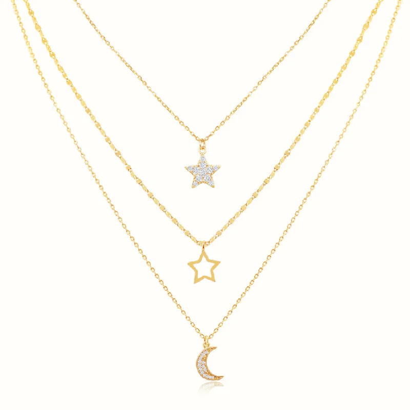 steel layered necklace-Women's Vermeil 3 Layered Diamond Star Moon Necklace Pendant