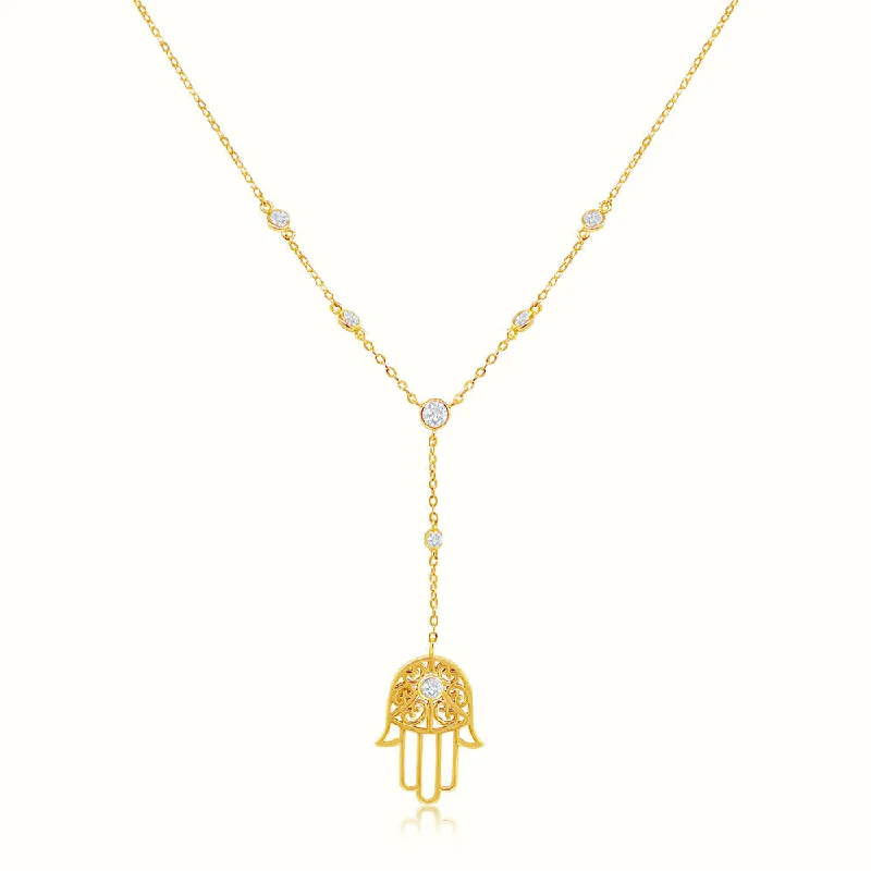 ribbed silver necklace-Women's Vermeil Bezel Diamond Tribal Hamsa Hand Necklace Pendant