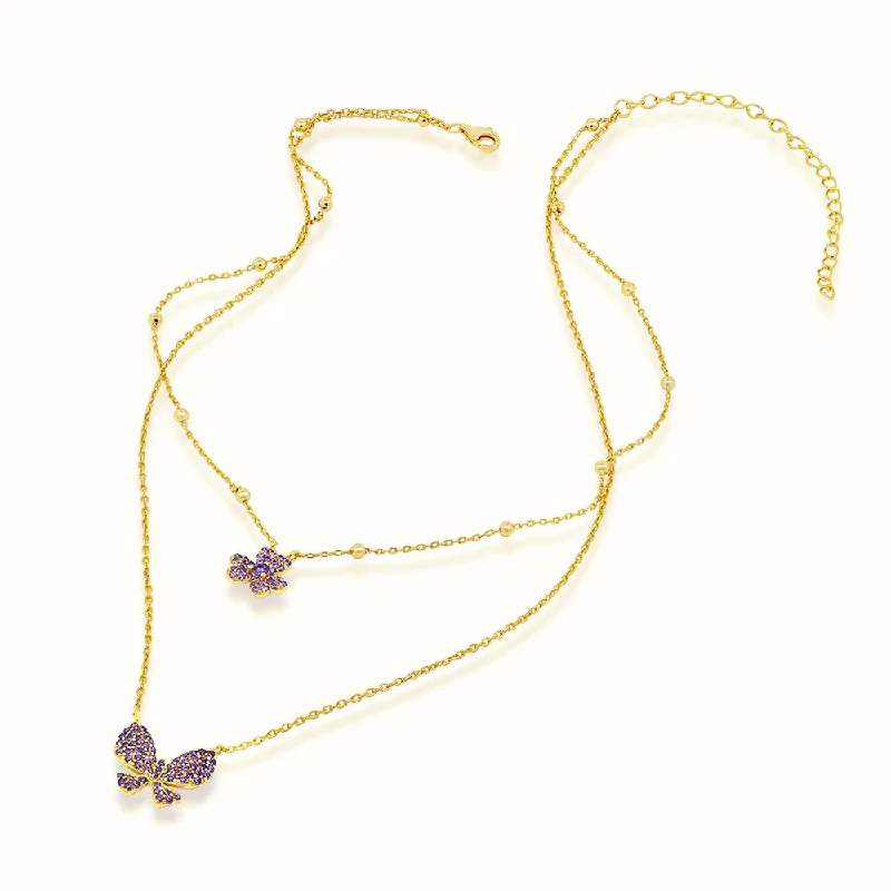 sci-fi twilight necklace-Women's Vermeil Butterfly & Clover Double Layered Necklace Pendant