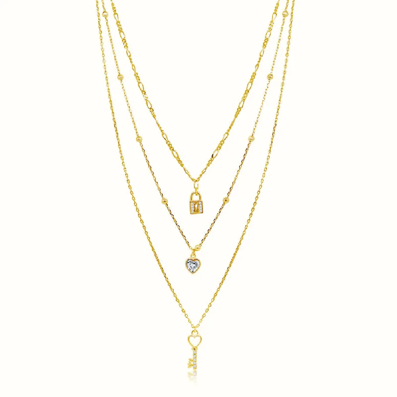 stretchable birthstone necklace-Women's Vermeil Diamond Heart Lock Layared Necklace Pendant