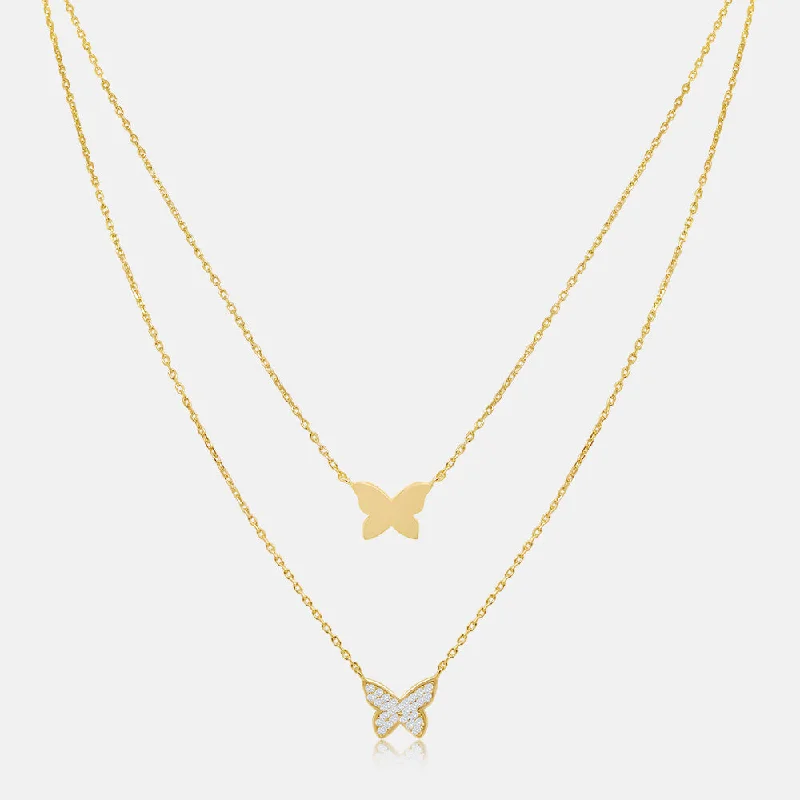 radiant drop necklace-Women's Vermeil Double Butterfly Gold & Diamond Necklace Pendant