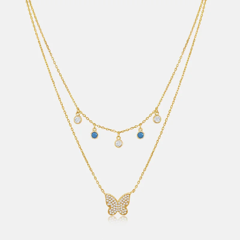 vintage-style chain necklace-Women's Vermeil Double Layered Diamond Butterfly Necklace Pendant