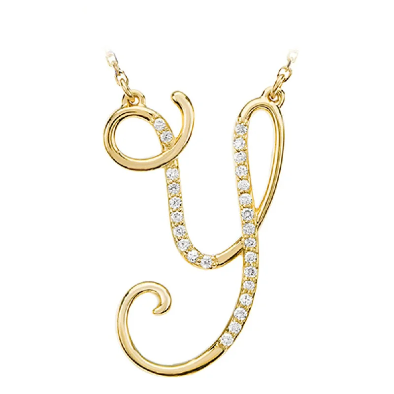 pearl twisted necklace-1/8 Ctw Diamond 14k Yellow Gold Medium Script Initial Y Necklace, 17in