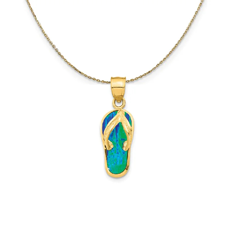 solid silver necklace-14k Yellow Gold Created Blue Opal Flip Flop (25mm) Necklace