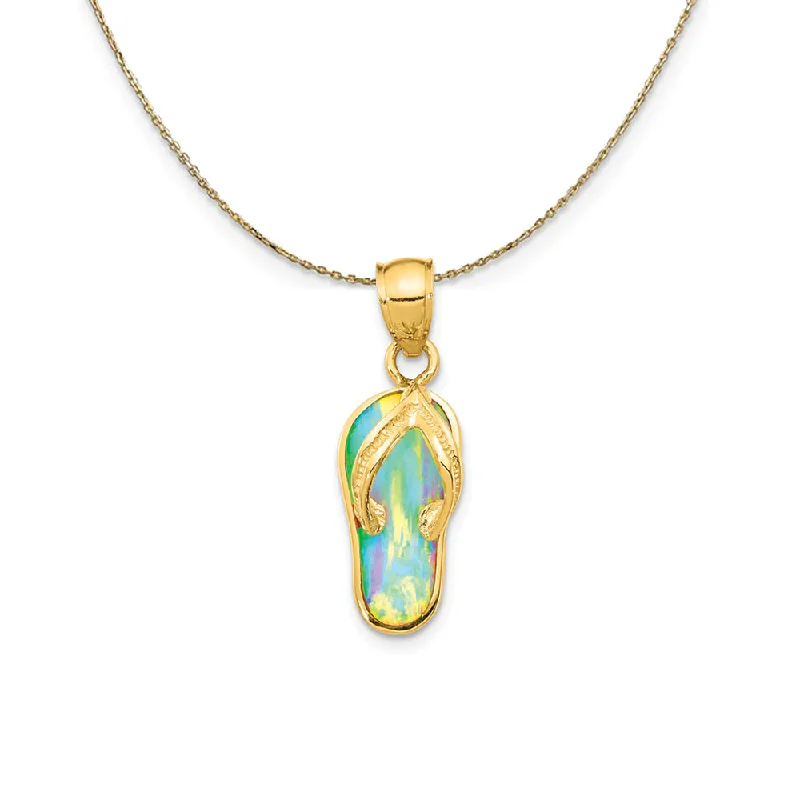 gold weave necklace-14k Yellow Gold Created White Opal Flip Flop (25mm) Necklace