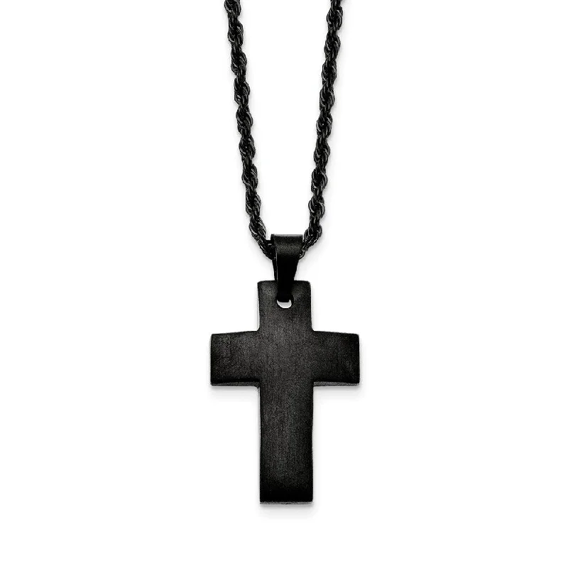 etched name necklace-Black Plated Stainless Steel Brushed Cross Necklace, 20 Inch