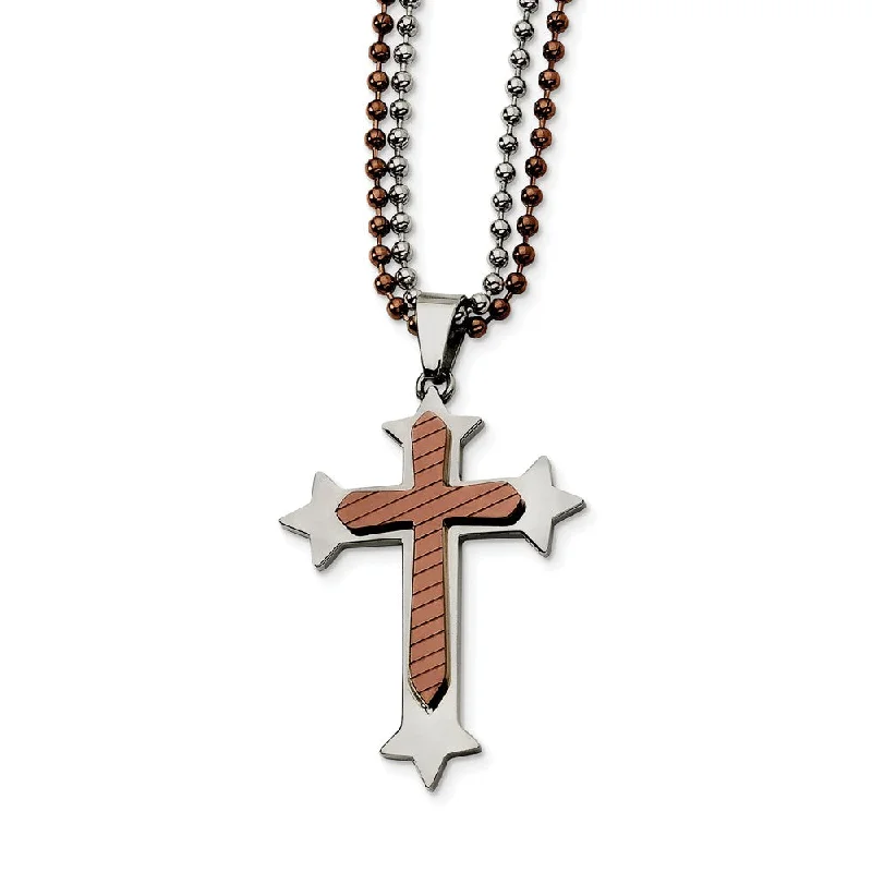 tendril charm necklace-Men's Stainless Steel and Cognac Accent Cross Necklace