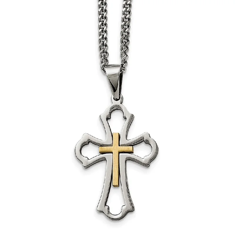 baroque amber necklace-Polished & Brushed Stainless Steel & Gold Tone Cross Necklace, 22 Inch