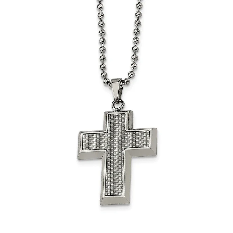 weathered statement necklace-Stainless Steel and Carbon Fiber Cross and Beaded Chain Necklace