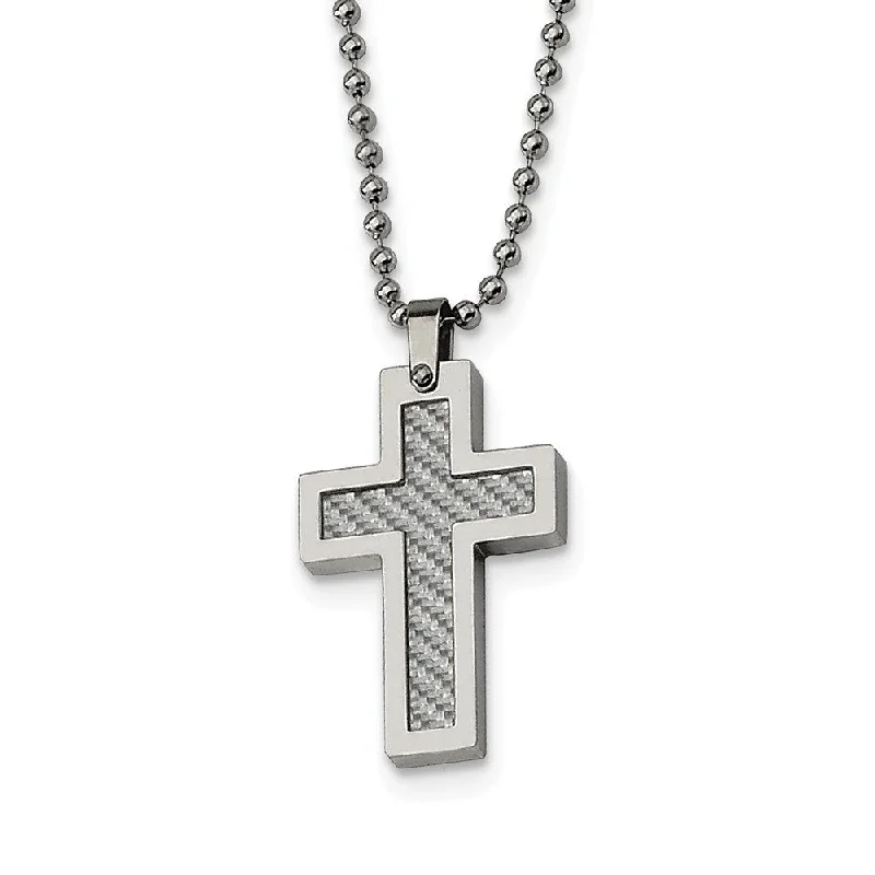 rose gold braided necklace-Stainless Steel and Grey Carbon Fiber Cross Necklace