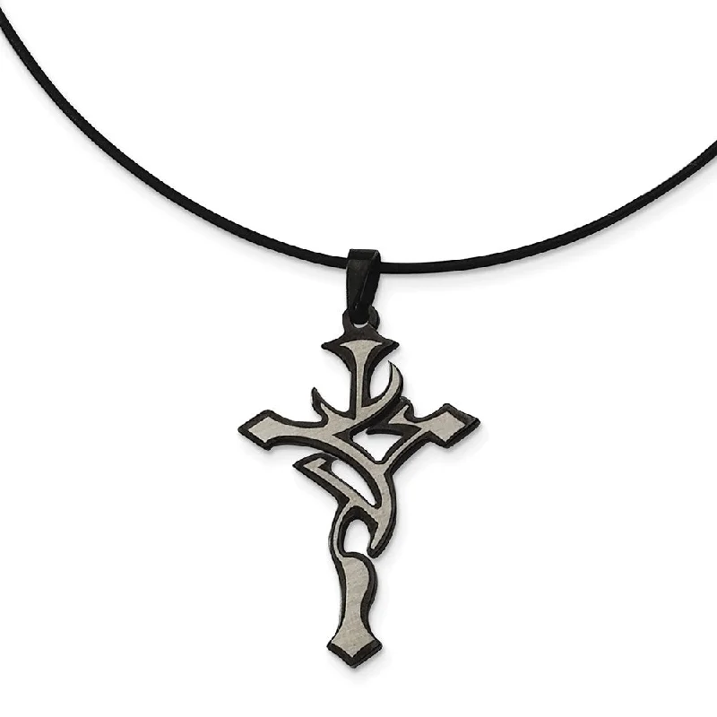 carved letter necklace-Stainless Steel, Black and Grey Accent Cross Necklace