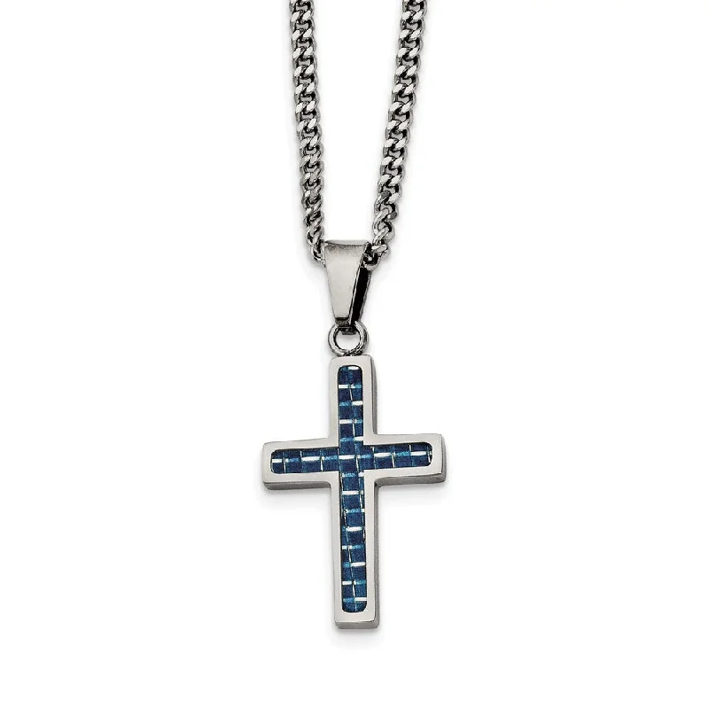 fluorite silver necklace-Stainless Steel & Blue Carbon Fiber Small Cross Necklace, 20 Inch