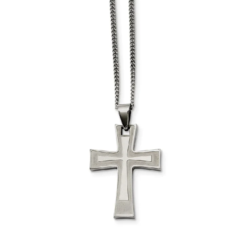 wave-shaped chain necklace-Stainless Steel Brushed and Polished Cross Necklace - 24 Inch