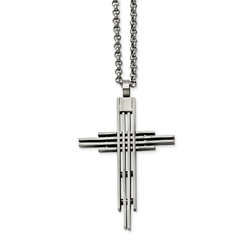 braided symbol necklace-Stainless Steel Brushed Cross Necklace - 24 Inch