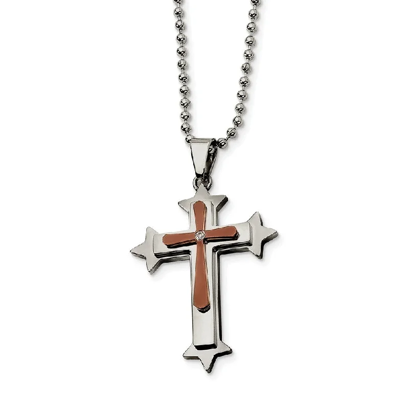 deep gold necklace-Stainless Steel, Cognac Accent and Cubic Zirconia Cross Necklace