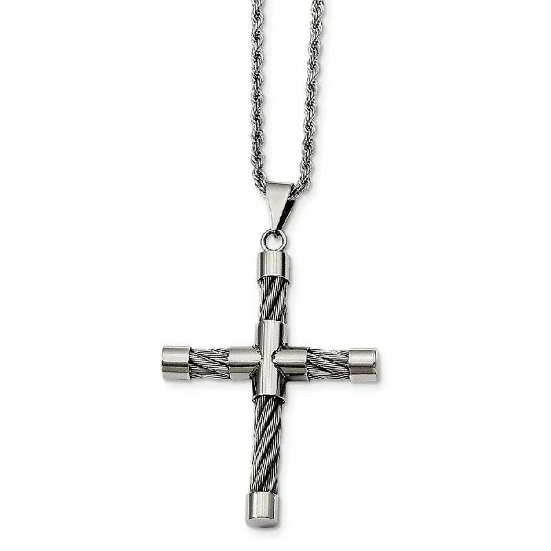 stretchable friendship necklace-Stainless Steel Polished and Wire Cross Necklace - 22 Inch