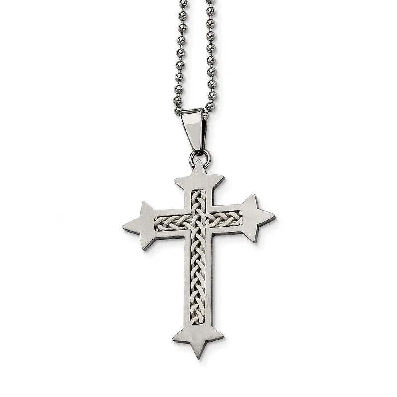 wave-shaped layered necklace-Stainless Steel Satin Cross w/ Silver Inlay Necklace - 24 Inch