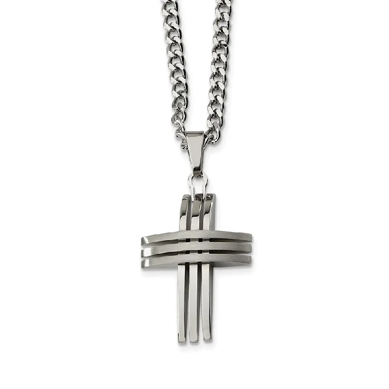 carved layered necklace-Stainless Steel Three Bar Cross and Curb Chain Necklace - 24 Inch