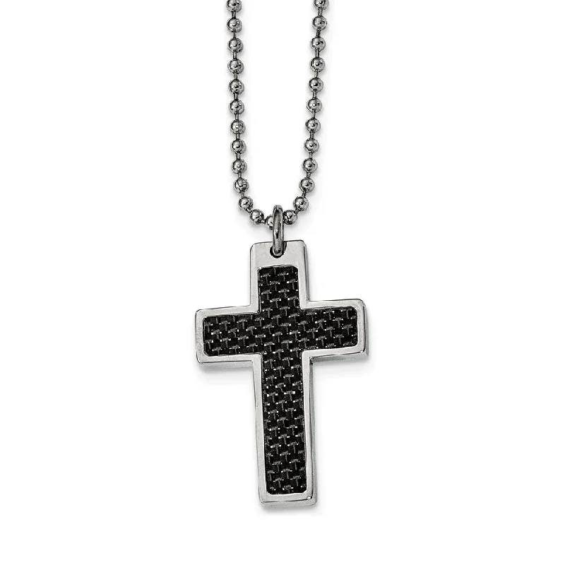 narrow couple necklace-Steel and Black Carbon Fiber Cross and Beaded Chain Necklace - 20 Inch