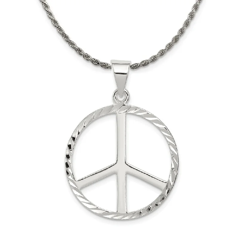 lavish pendant necklace-Sterling Silver 25mm Diamond Cut Peace Symbol Pendant Necklace