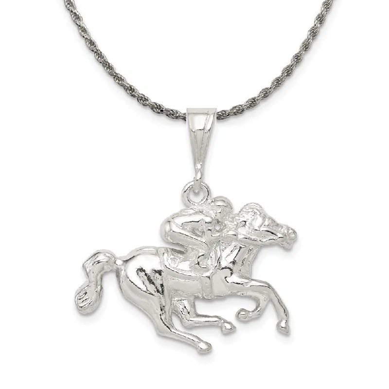 cast silver necklace-Sterling Silver Race Horse and Jockey Pendant Necklace