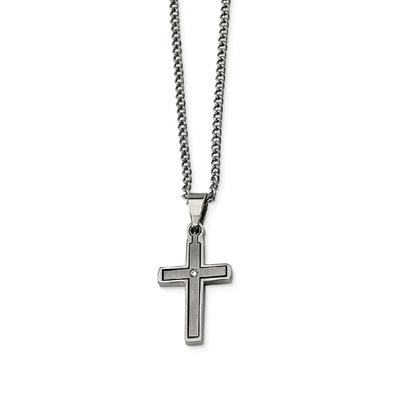 six-stone necklace-Titanium & .035 Ct (G-H, I1) Diamond Accent Dbl Cross 22 Inch Necklace