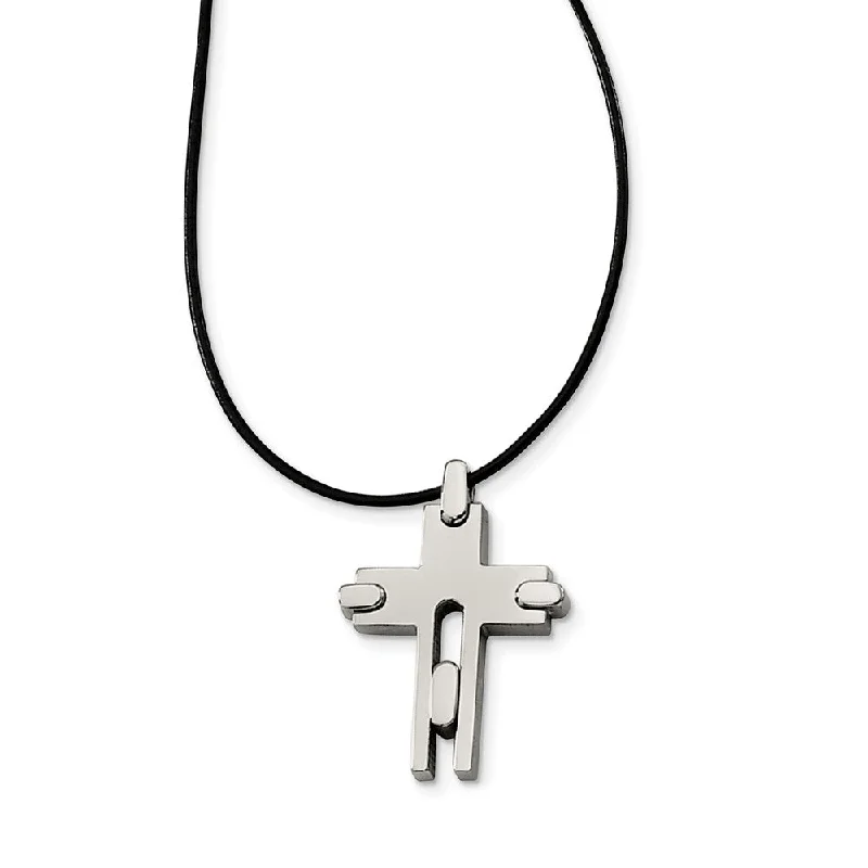 sci-fi angular necklace-Titanium Cross and Black Leather Cord Necklace 18 Inch