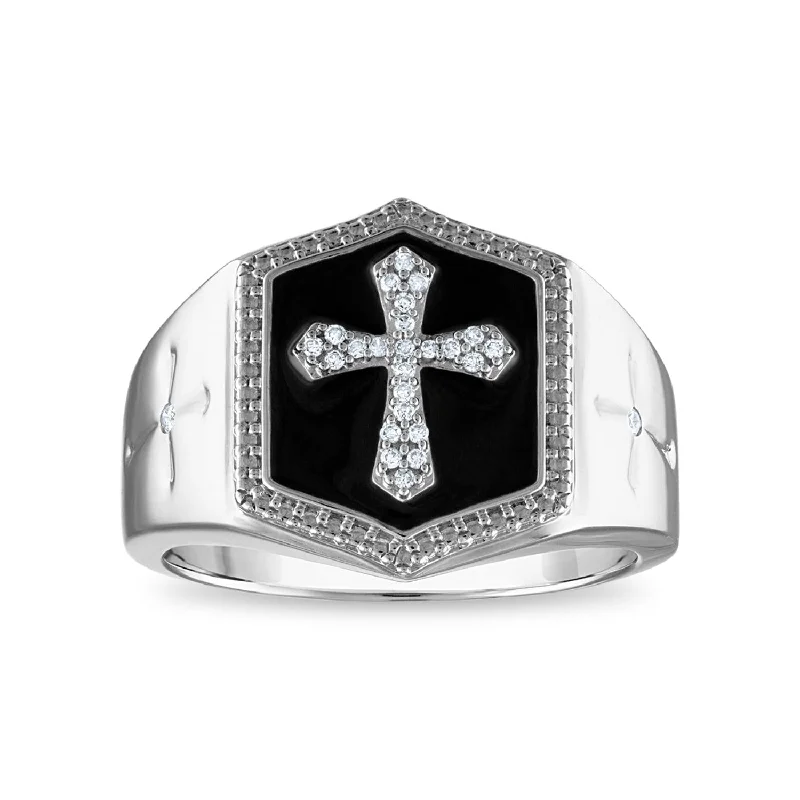 sci-fi matte ring-1/10 CTW Diamond Cross Black Enamel Ring in Sterling Silver