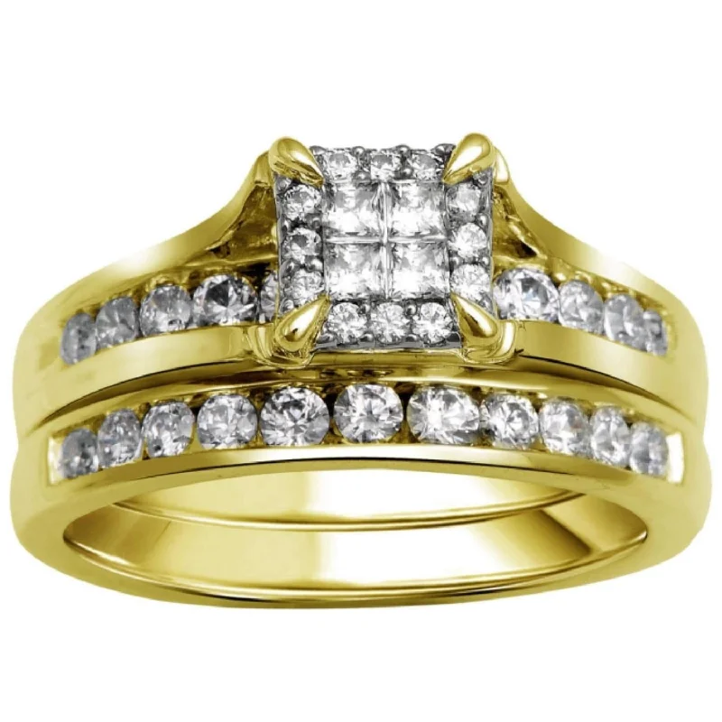 steel band ring-1 CTW Diamond Halo Bridal Set Ring in 10KT Yellow Gold