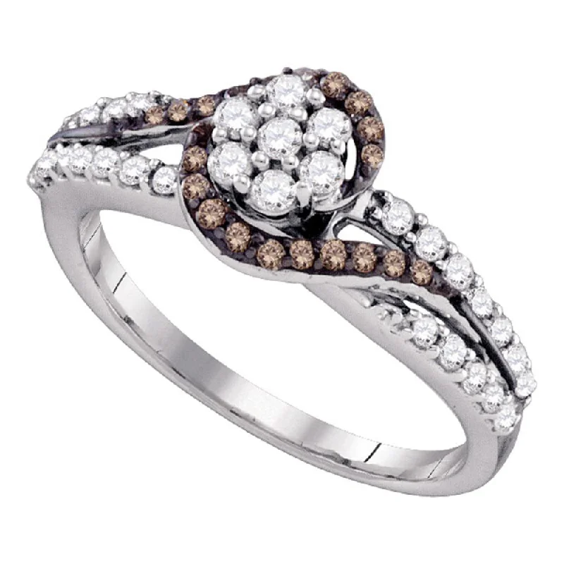 stretchable infinity ring-10k White Gold Brown Diamond Flower Cluster Bridal Ring 1/2 Cttw