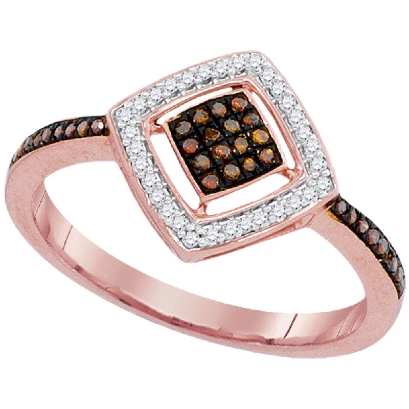 robust gemstone ring-10kt Rose Gold Womens Round Red Color Enhanced Diamond Diagonal Square Cluster Ring 1/5 Cttw