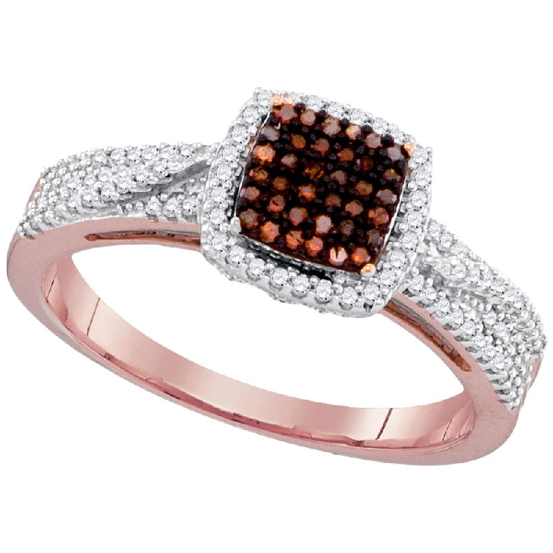 carved couple ring-10kt Rose Gold Womens Round Red Color Enhanced Diamond Square Cluster Ring 1/3 Cttw