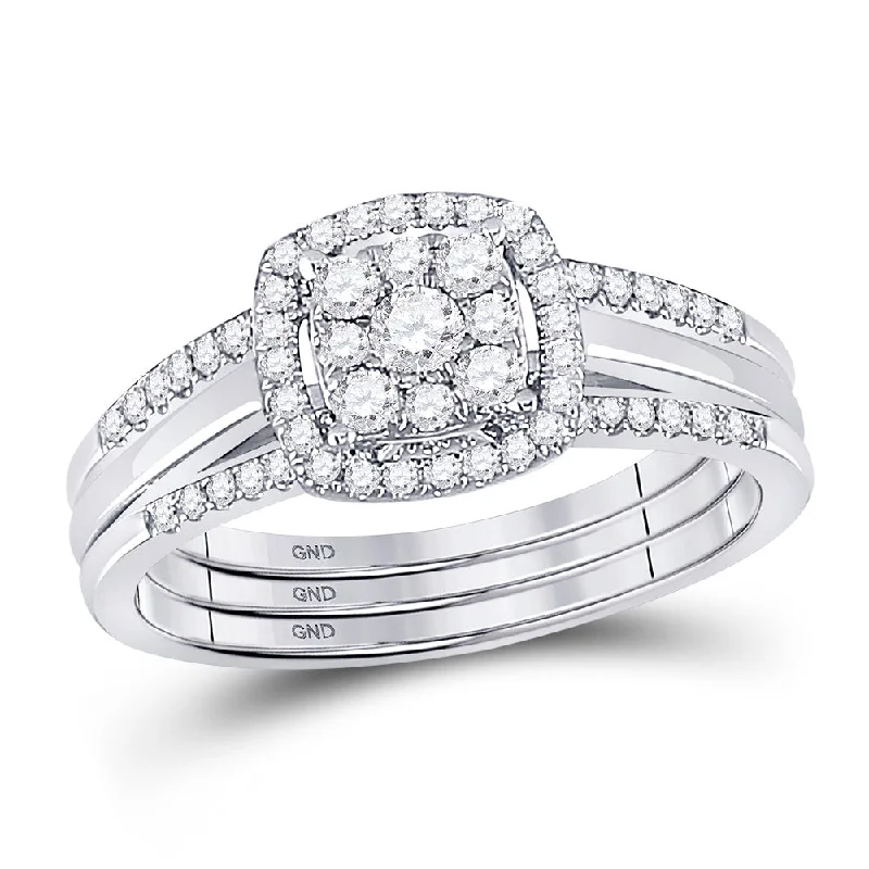 stretchable gemstone ring-10kt White Gold Round Diamond 3-Piece Bridal Wedding Ring Set 1/2 Cttw