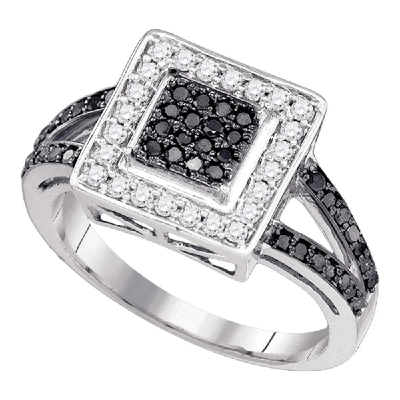 stretchable gemstone ring-10kt White Gold Womens Round Black Color Enhanced Diamond Square Cluster Ring 1/2 Cttw