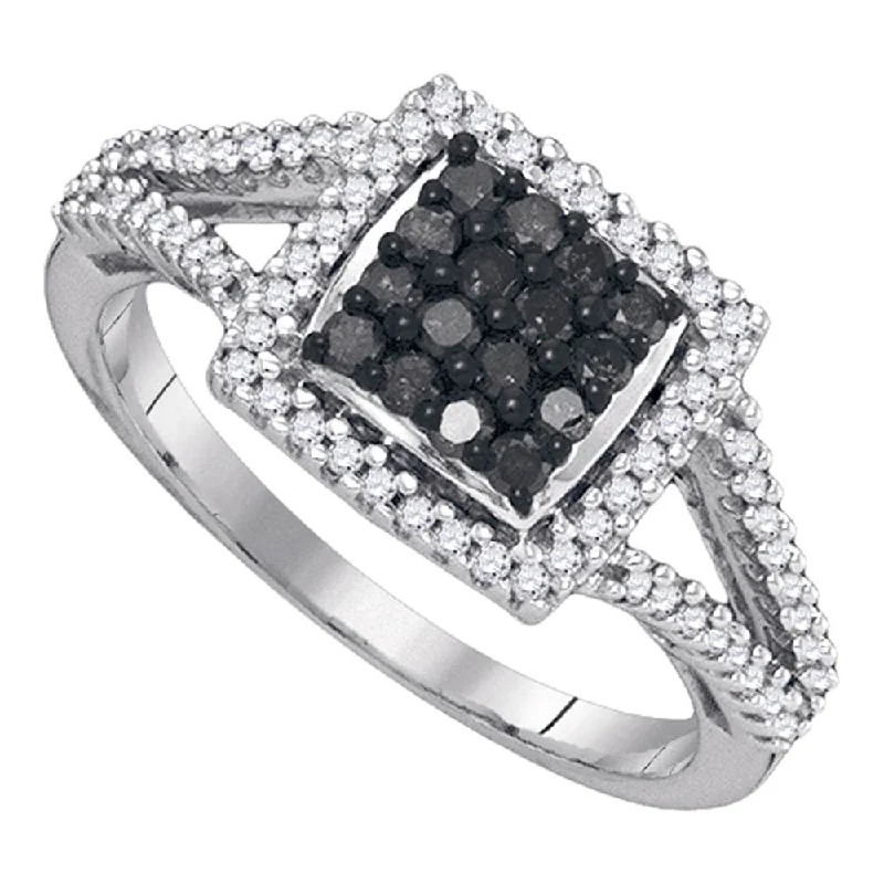 prism gem ring-10kt White Gold Womens Round Black Color Enhanced Diamond Square Frame Cluster Ring 1/2 Cttw