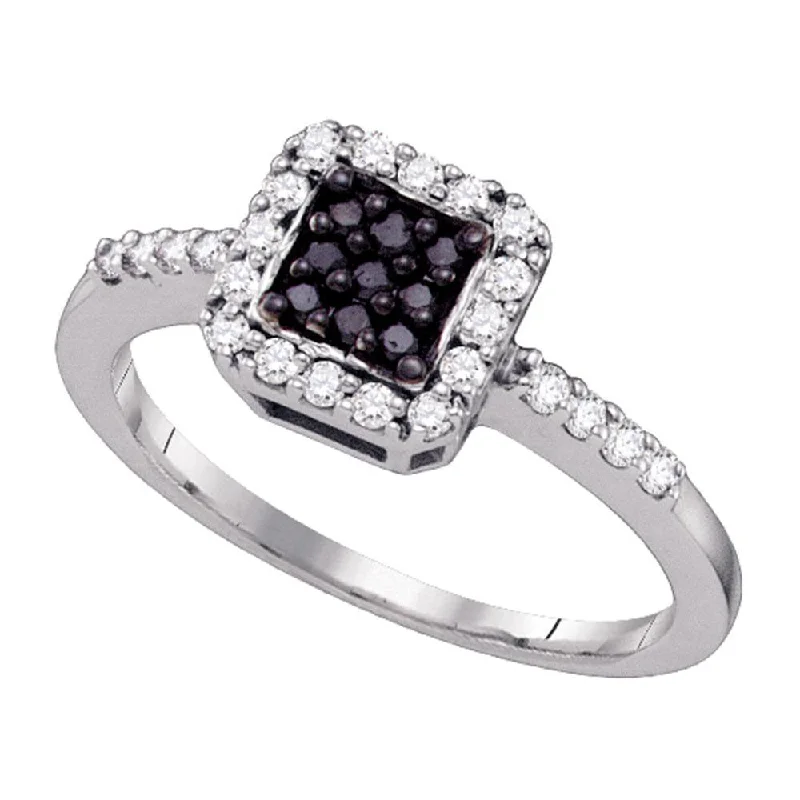 weathered silver band ring-10kt White Gold Womens Round Black Color Enhanced Diamond Square Ring 3/8 Cttw