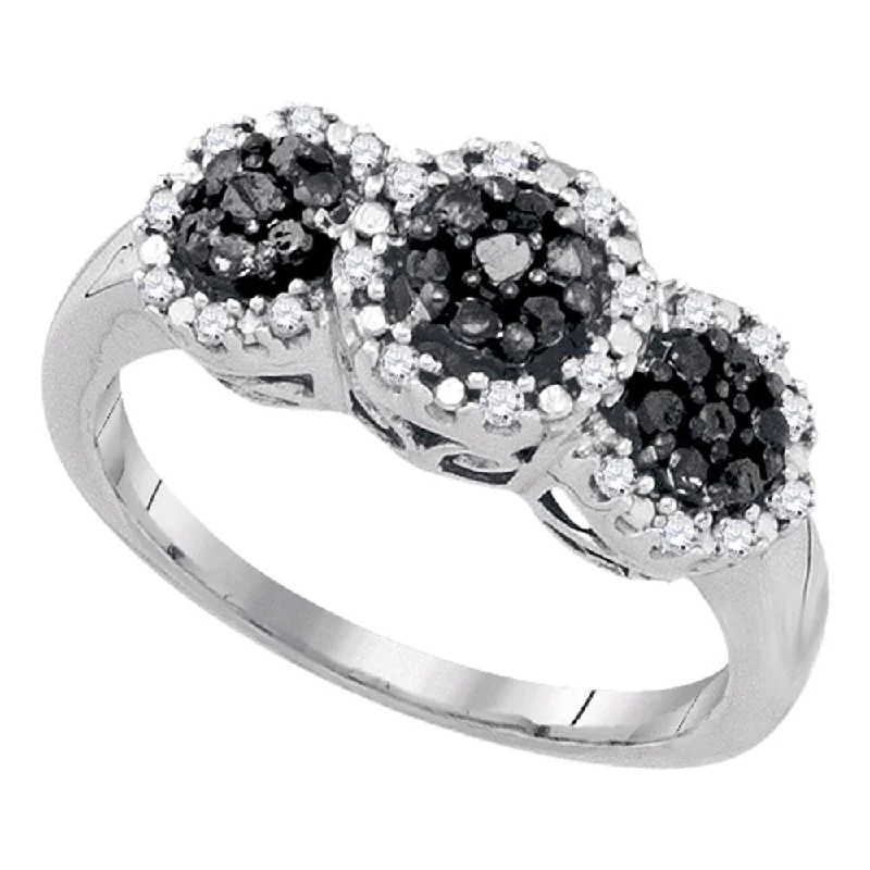 vintage garnet ring-10kt White Gold Womens Round Black Color Enhanced Diamond Triple Cluster Ring 1/3 Cttw