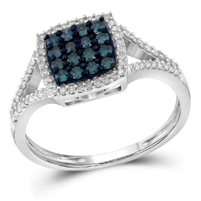 steel band ring-10kt White Gold Womens Round Blue Color Enhanced Diamond Cluster Ring 1/2 Cttw