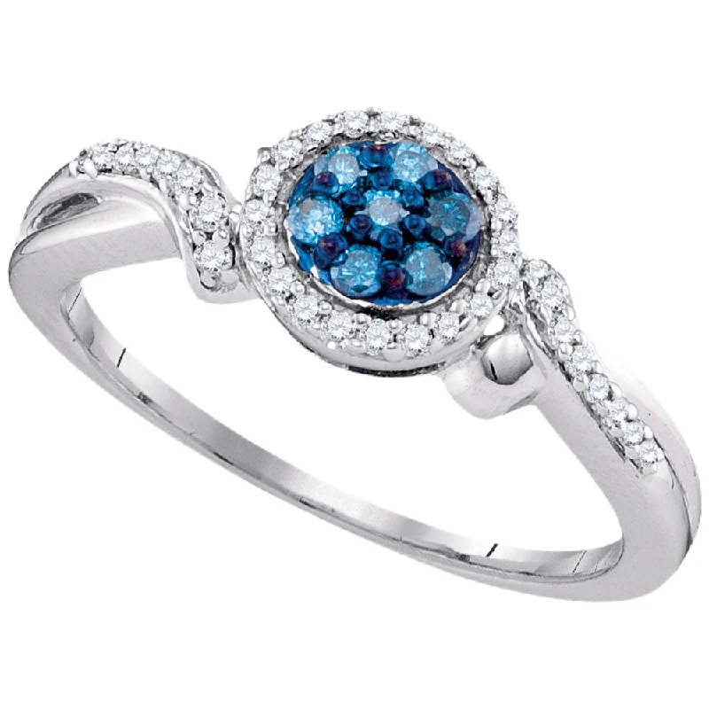 glossy onyx ring-10kt White Gold Womens Round Blue Color Enhanced Diamond Cluster Ring 1/4 Cttw