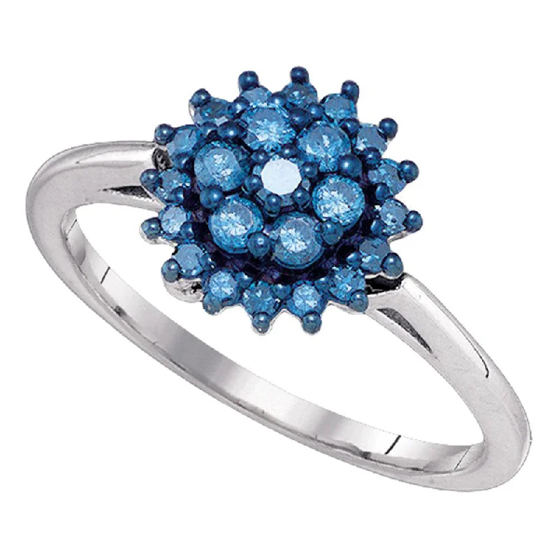 weathered statement ring-10kt White Gold Womens Round Blue Color Enhanced Diamond Flower Cluster Ring 1/2 Cttw