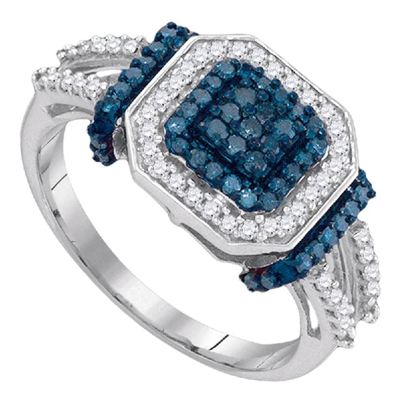 quarter-moon ring-10kt White Gold Womens Round Blue Color Enhanced Diamond Square Cluster Ring 1/2 Cttw