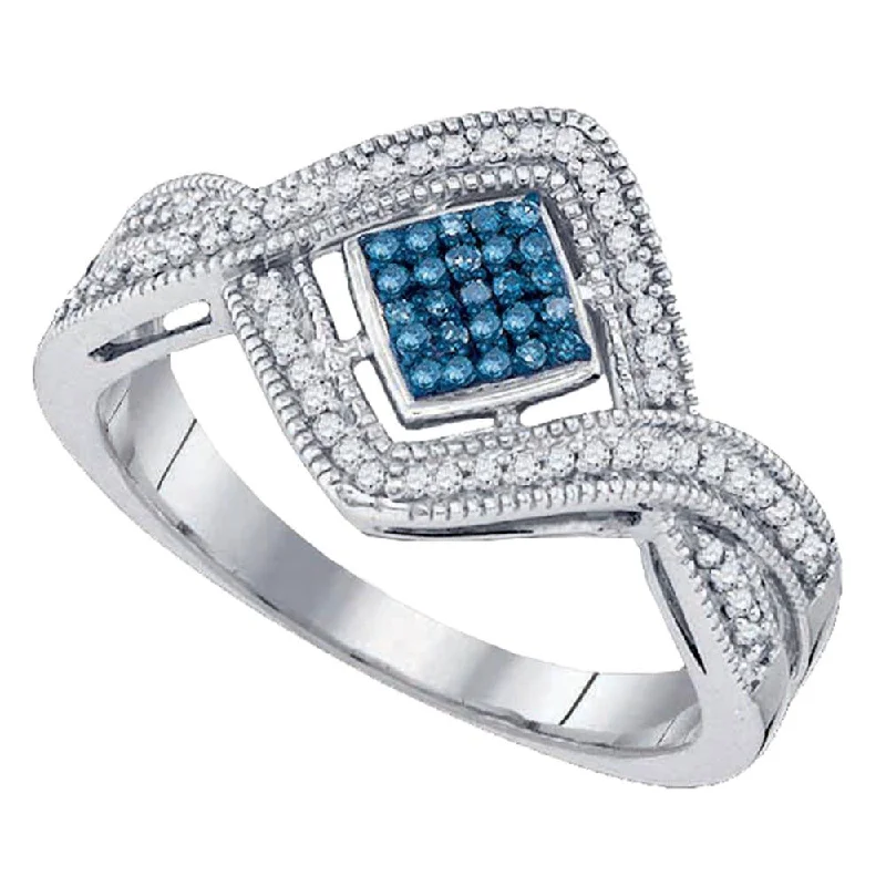 stretchable promise ring-10kt White Gold Womens Round Blue Color Enhanced Diamond Square Frame Cluster Ring 1/6 Cttw