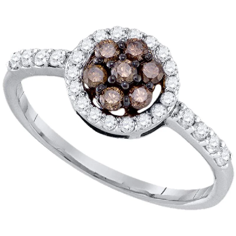 stretchable stacking ring-10kt White Gold Womens Round Brown Diamond Cluster Ring 1/2 Cttw