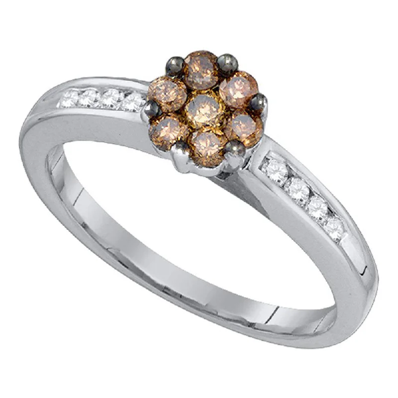 stretchable eternity ring-10kt White Gold Womens Round Brown Diamond Flower Cluster Ring 1/2 Cttw