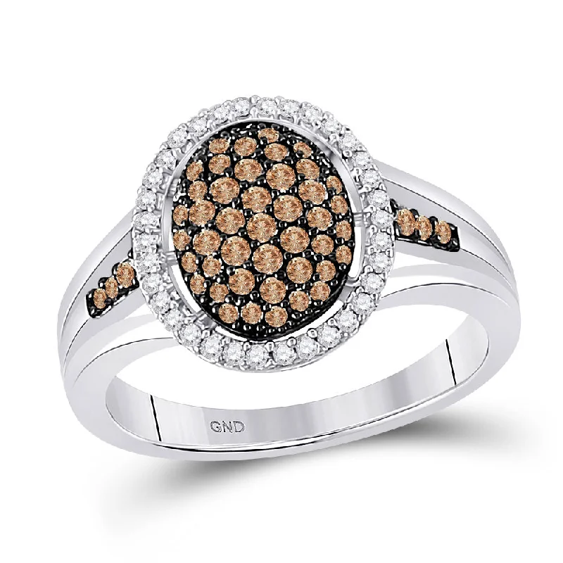 braided promise ring-10kt White Gold Womens Round Brown Diamond Oval Cluster Ring 1/2 Cttw