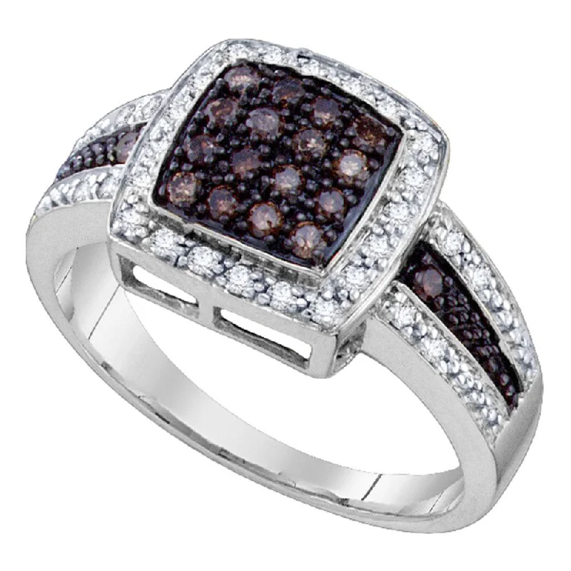 vintage garnet ring-10kt White Gold Womens Round Brown Diamond Square Cluster Ring 1/2 Cttw