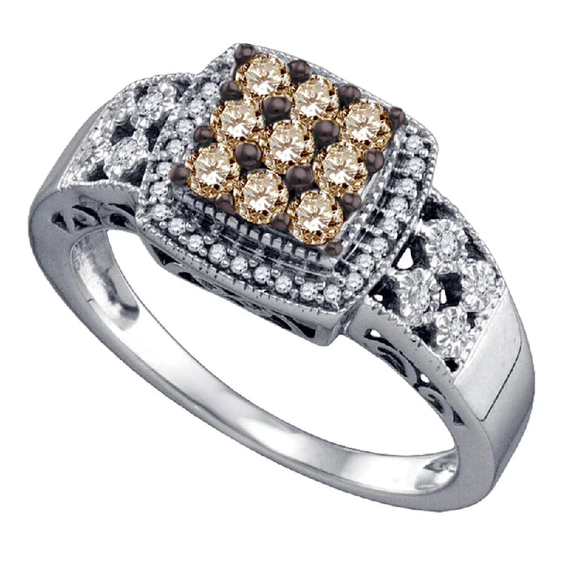 braided gold ring-10kt White Gold Womens Round Brown Diamond Square Cluster Ring 1/2 Cttw